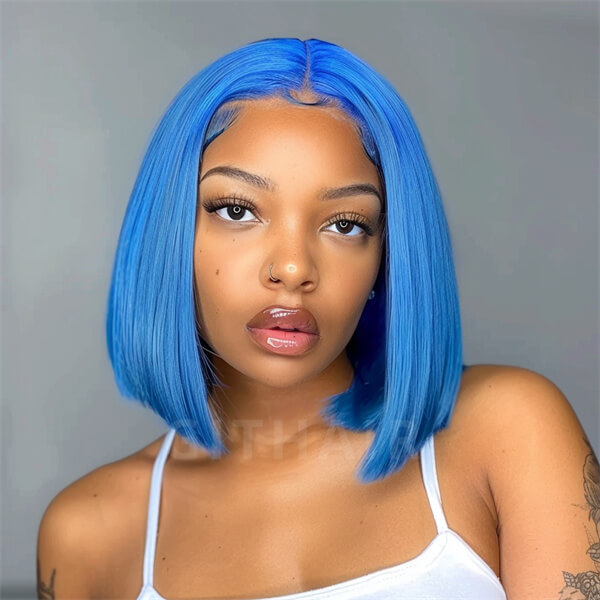 Human Hair 13x4 Lace Front Blue Straight BOB Wig MH GitHair