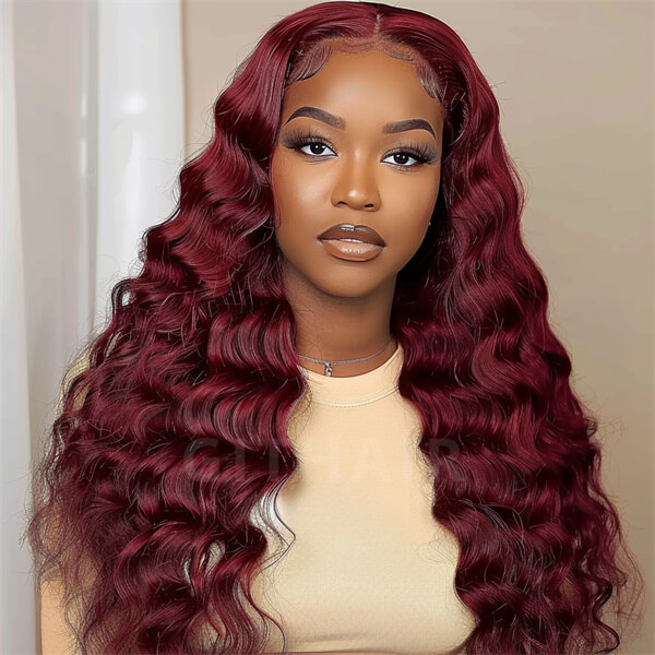 Human Hair 13x4 Big Lace Full Front #1B/#99J Deep Wave Wig - MH